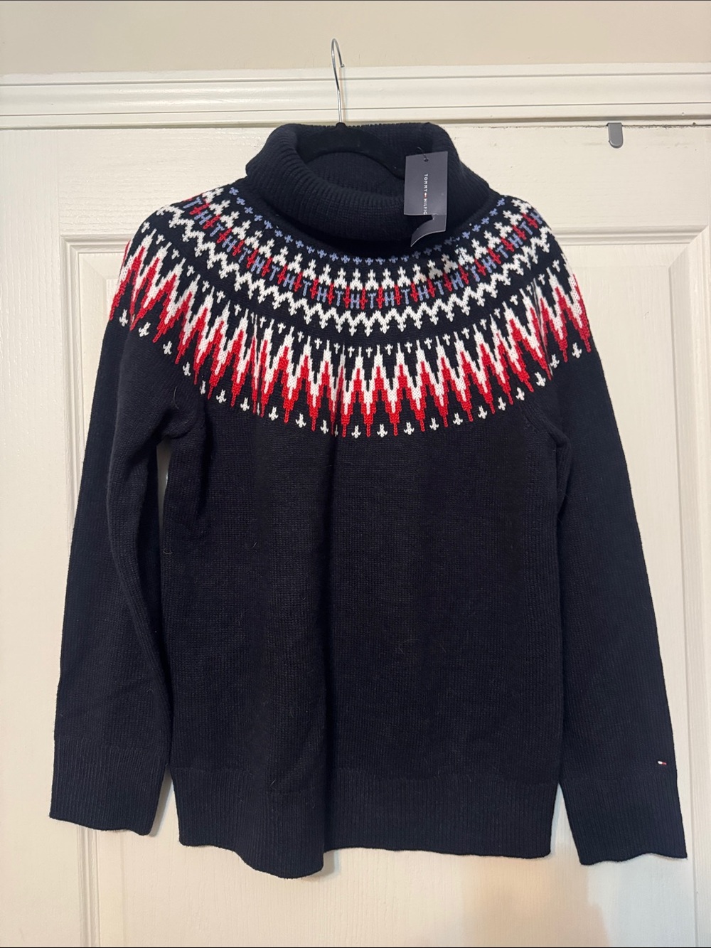 Tommy Hilfiger navy Turtleneck Sweater with Red, White and Navy Fair Isle Yoke